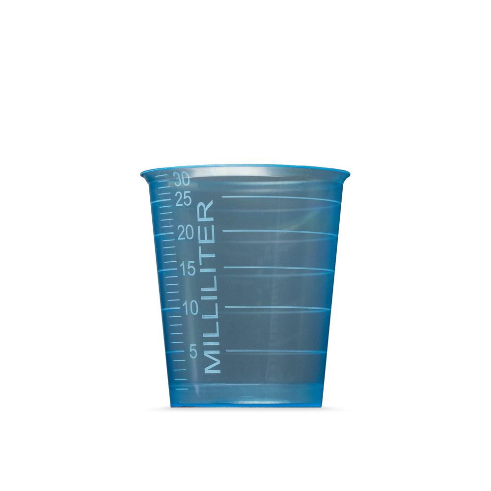 PP Disposable medicine cup, 30 ml, graduated, blue, Med-Comfort Basic: buy sustainably produced, medical polypropylene cup with measuring function for dosing liquids and dispensing medicines, as ward supplies.