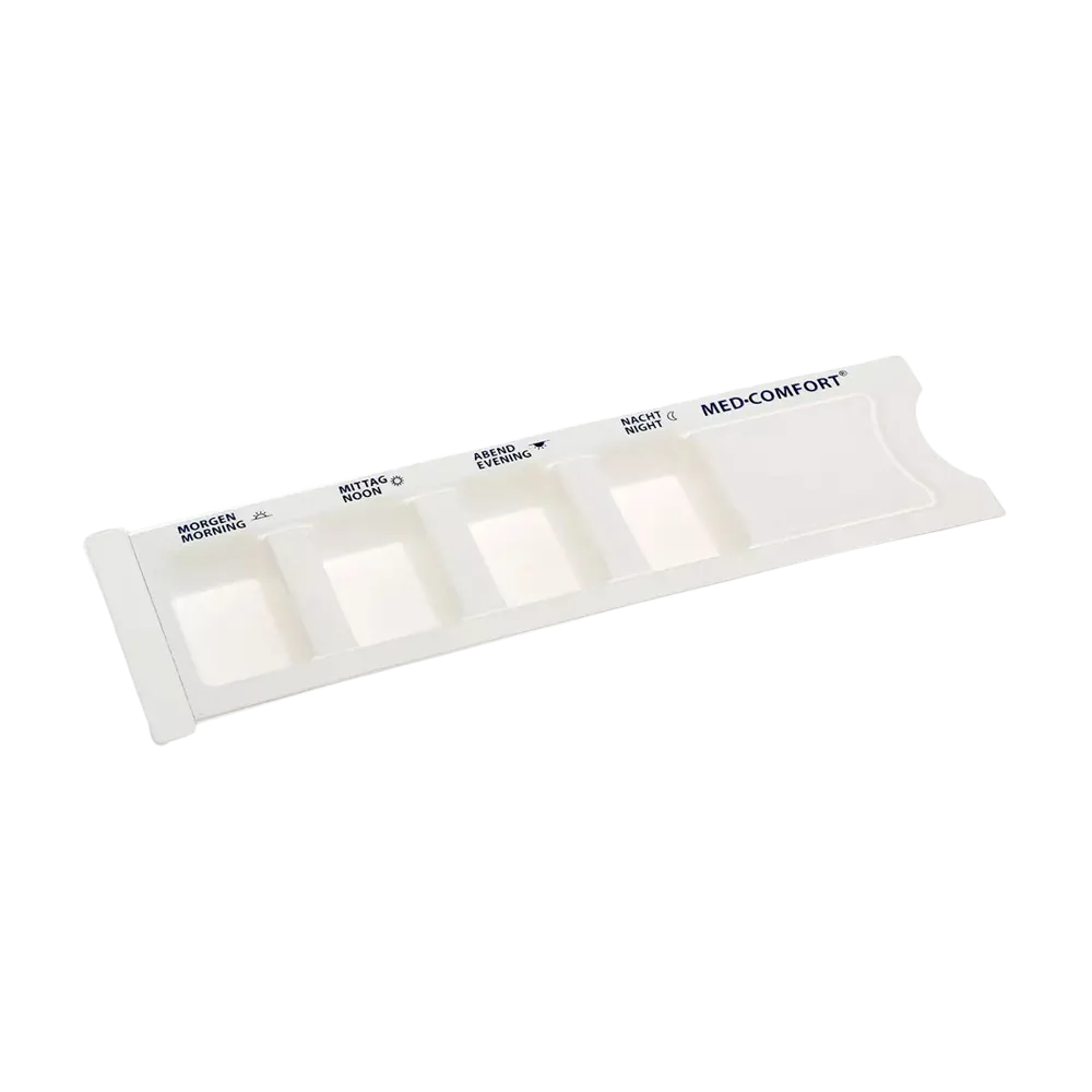 PP Disposable medicine dispenser, 4 compartments, 22,2 x 6 x 1,5 cm, white, Med-Comfort