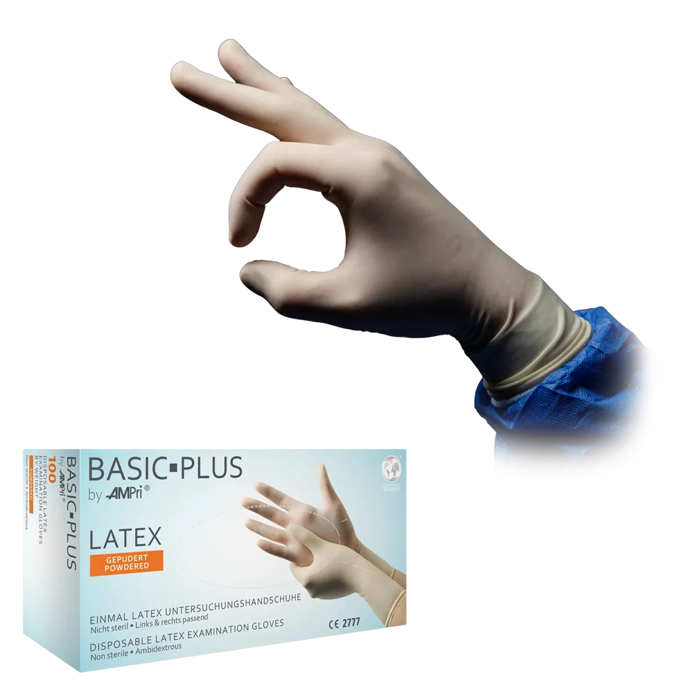 Latex gloves, white, size M, powdered, Basic-Plus