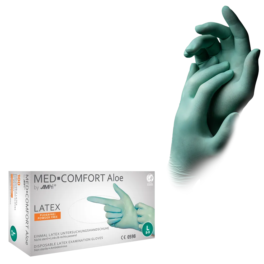 Latex gloves, mint green, size M, powderfree, Med-Comfort Aloe: buy latex disposable gloves as examination gloves & protective gloves.