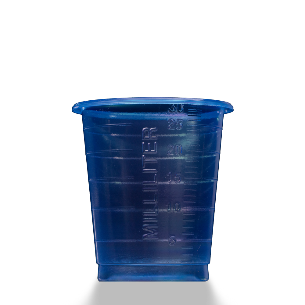 PP Eco disposable medicine cup, 30 ml, graduated, blue, Med-Comfort Eco: buy sustainably produced, medical polypropylene cup with measuring function for dispensing liquids and distributing medicines as a ward supply.