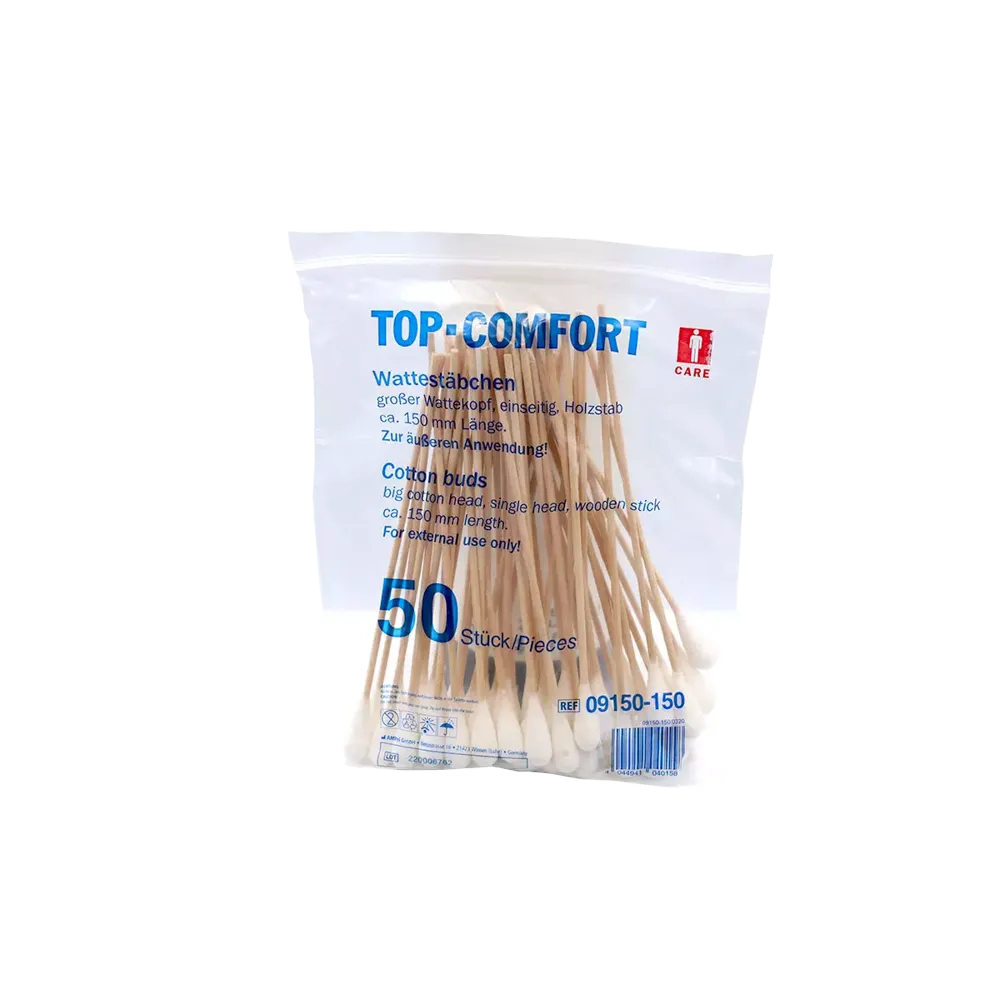 Disposable wooden stick cotton buds, 150 mm, natural wood, cotton, Top comfort