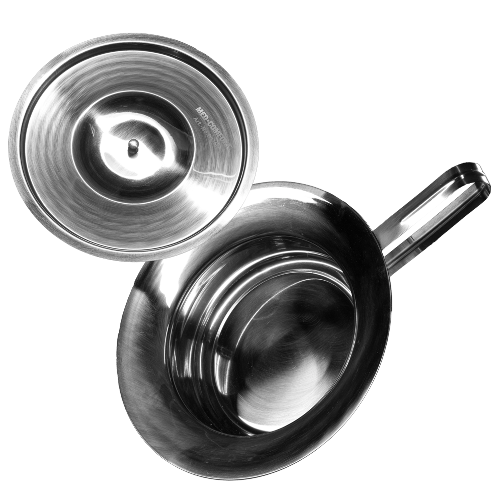 Stainless steel bedpan, with button lid, shiny silver