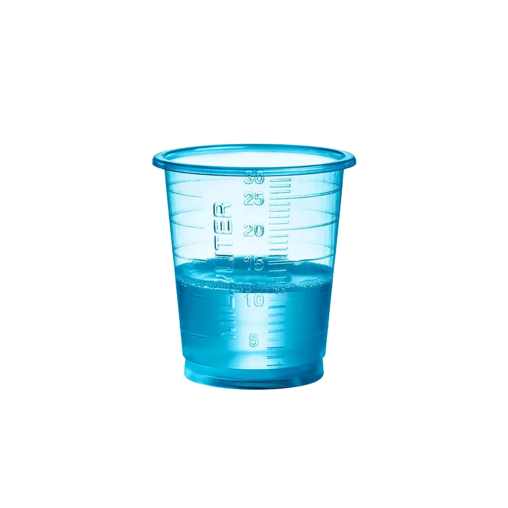 PP Eco disposable medicine cup, 30 ml, graduated, blue, Med-Comfort Eco: buy sustainably produced, medical polypropylene cup with measuring function for dispensing liquids and distributing medicines as a ward supply.