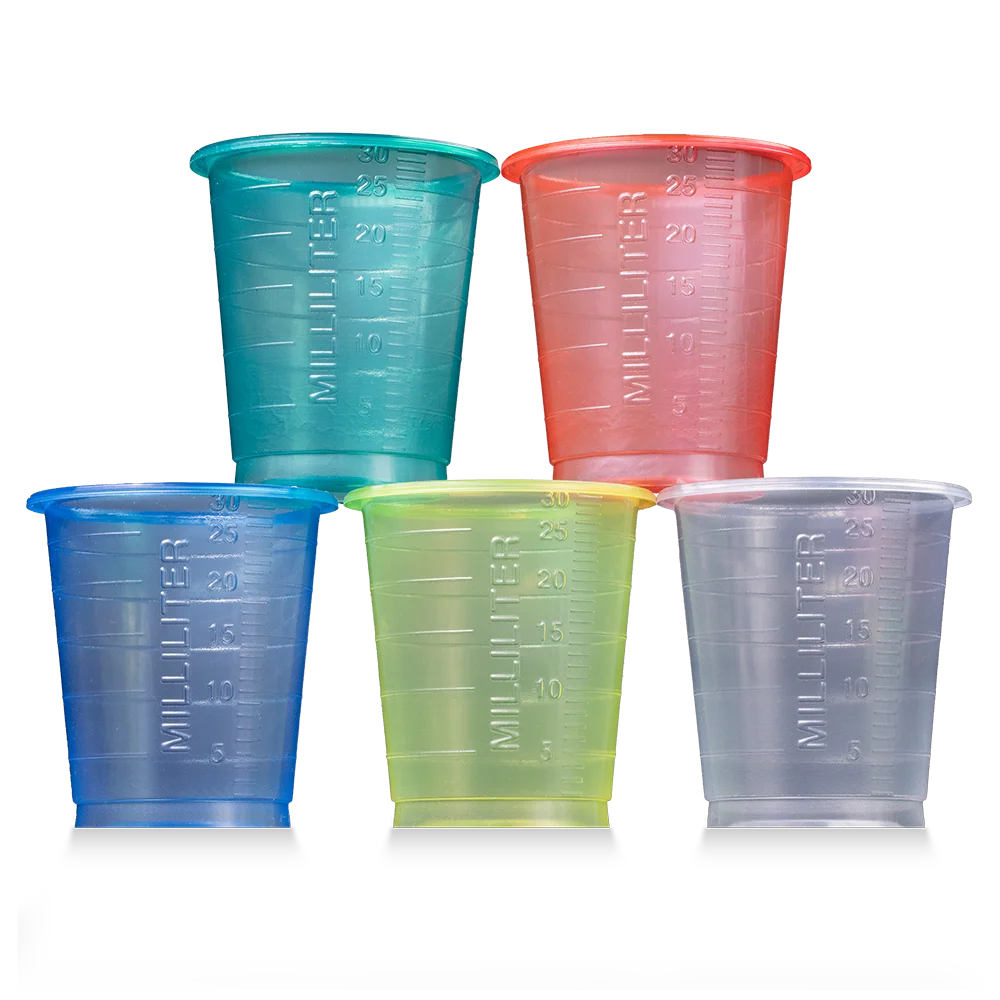 PP Medicine cup, colour transparent, blue, green, yellow, red, white, 30 ml, graduated: buy polypropylene medicine cups for taking medicines or dosing liquids and dispensing medicines as ward supplies.