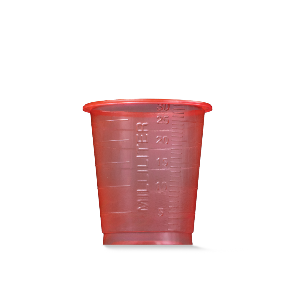 PP Disposable medicine cup, 30 ml, graduated, red, Med-Comfort Basic: buy sustainably produced, medical polypropylene cup with measuring function for dosing liquids and dispensing medicines as ward supplies.