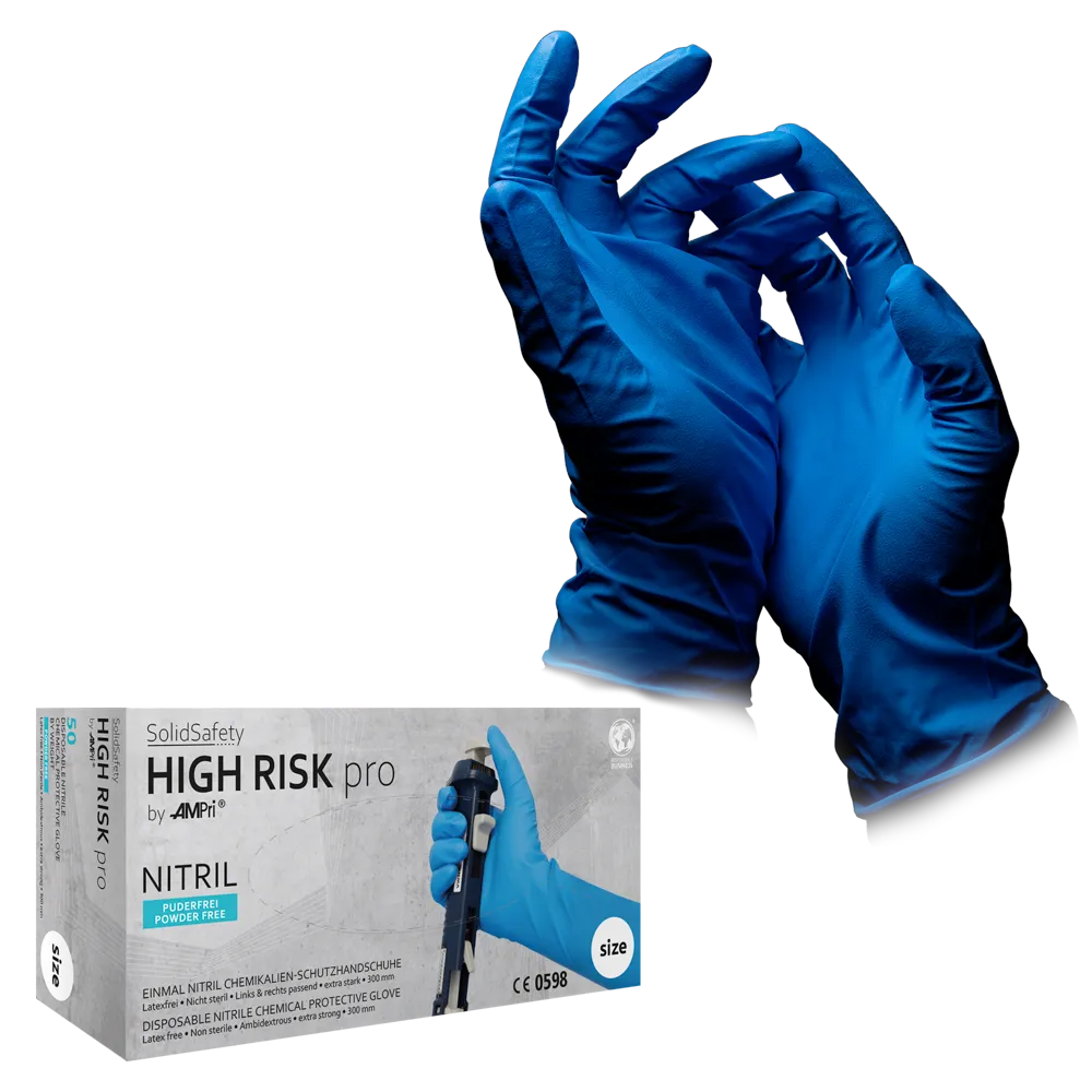 Disposable nitrile gloves, type A, size M, blue, Solidsafety High Risk Pro: buy powderfree nitrile glove as chemical protective glove as PPE.