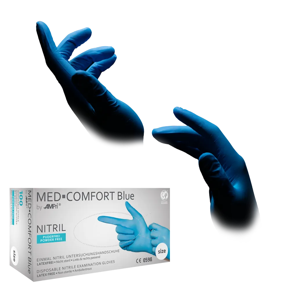 Nitrile gloves, blue, size M, powderfree, Med-Comfort blue: buy nitrile disposable gloves as protective gloves and examination gloves made of nitrile.