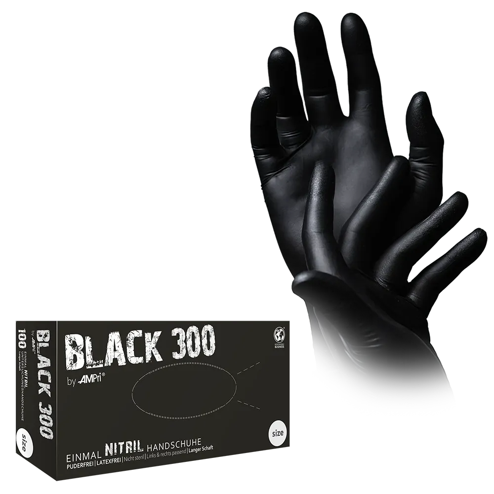 Nitrile gloves with overlength, black, size XS, S, M, L, XL, unpowdered, Black 300 Nitril: buy nitrile disposable gloves as protective gloves and examination gloves made of coloured nitrile.