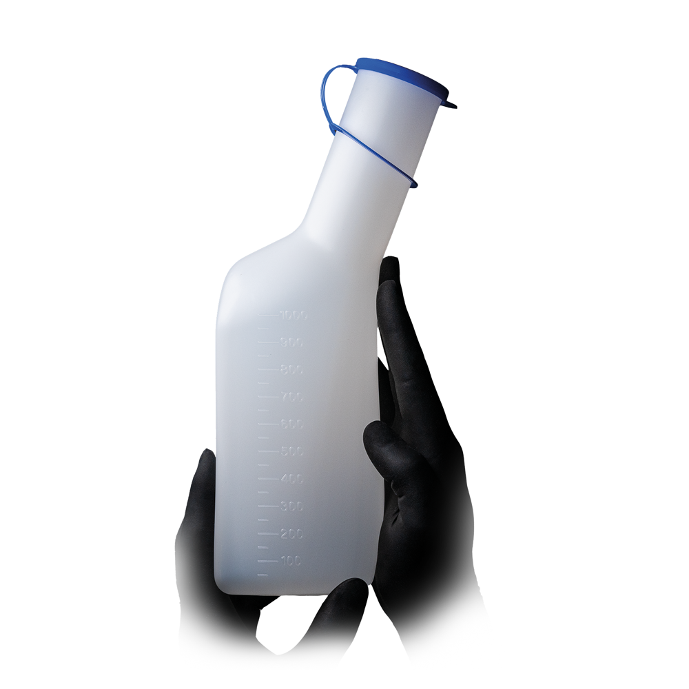 PE Urine bottle for men, angular, colour white / milky with blue PP lid