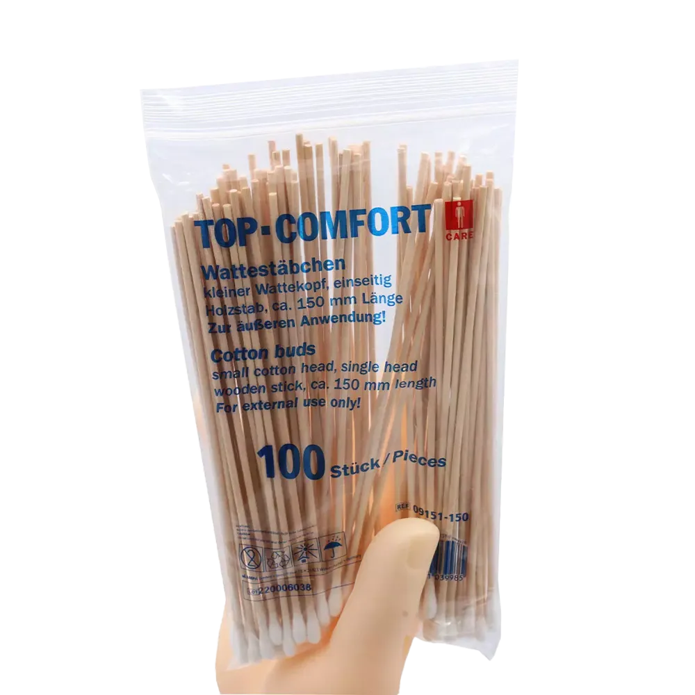 Disposable wooden stick cotton buds, 150 mm, natural wood, cotton, Top-Comfort