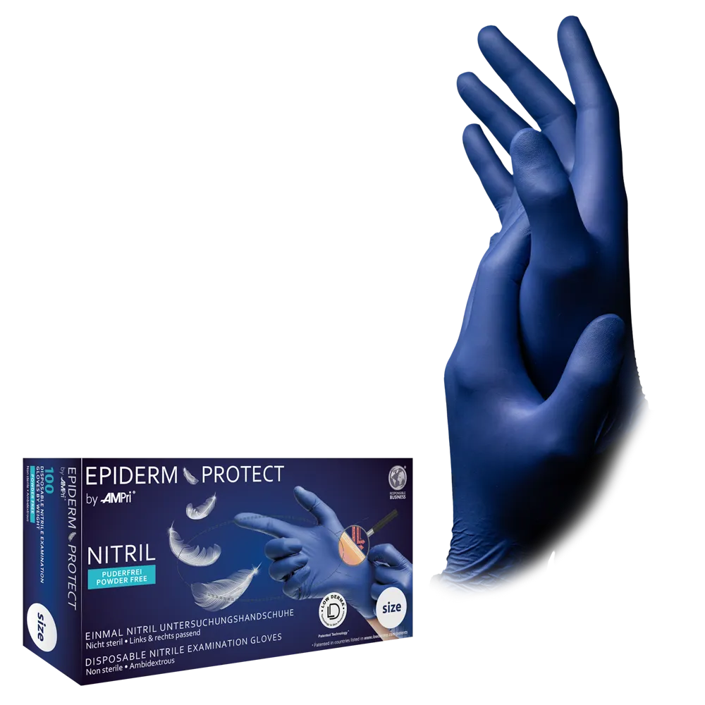 Nitrile gloves, metal blue, size M, powderfree, EpidermProtect by Med-Comfort: buy skin friendly nitrile disposable gloves as protective gloves and examination gloves made of nitrile.