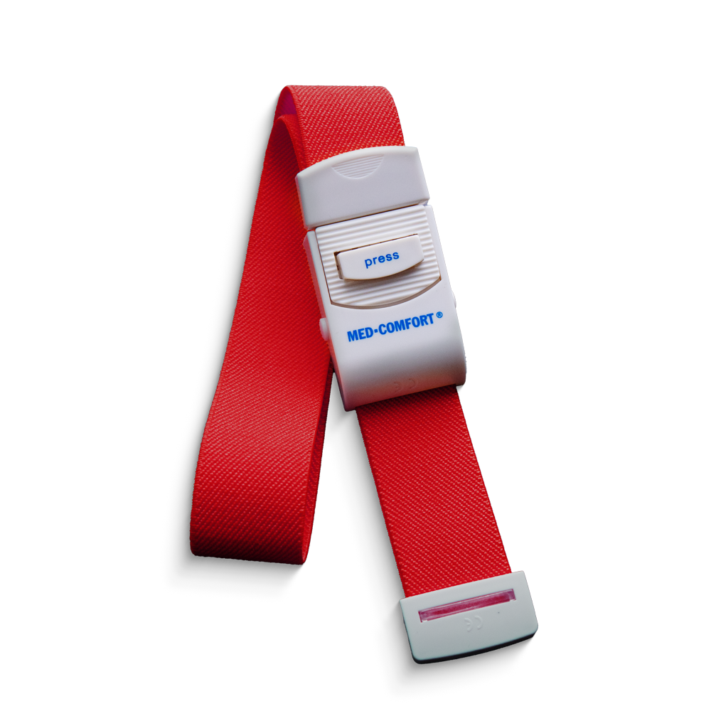 Venous tourniquet, colour red, 2,5 x 45 cm, Med-Comfort: buy latex-free plastic tourniquet for better palpability of the blood vessels as a medical aid for patients needs.