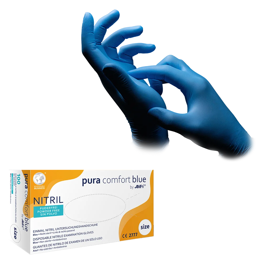 Nitrile gloves, blue, size M, powderfree, Puracomfort blue: buy nitrile disposable gloves as protective gloves and examination gloves made of nitrile.