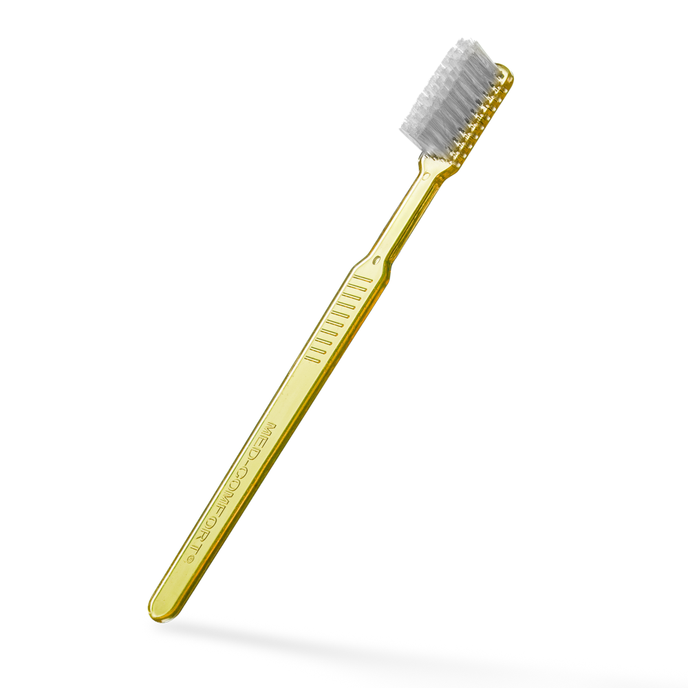 Dental PS disposable toothbrush with toothpaste, colour yellow, 15 x 2,6 cm, Med-Comfort: buy polystyrene disposable toothbrush for travel and use before dental treatment, as dental supplies.