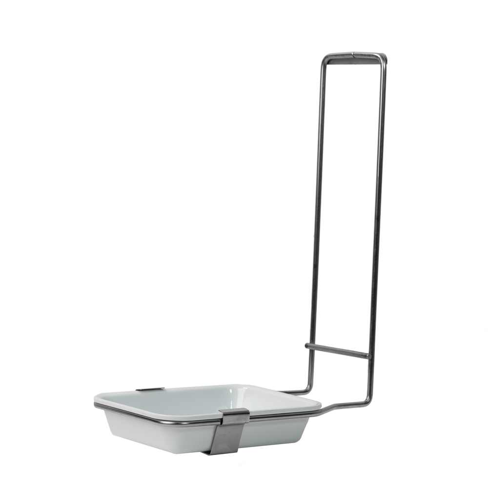Stainless steel dish holder, for all 500 ml disinfectant and soap dispensers with removable plastic dish as an accessory for wall dispensers.