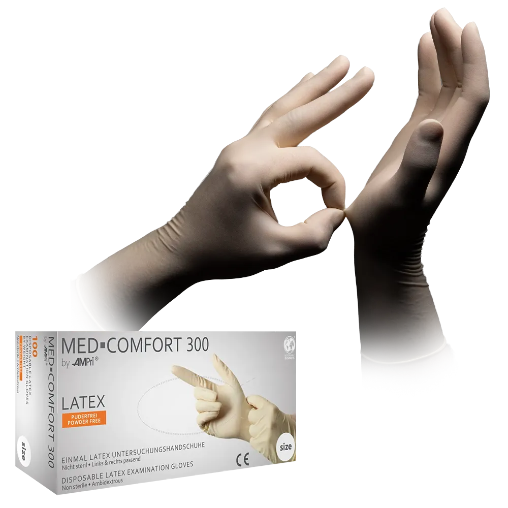 Latex gloves, white, size L, powderfree, Med-Comfort 300: buy latex disposable gloves for protection and examination.