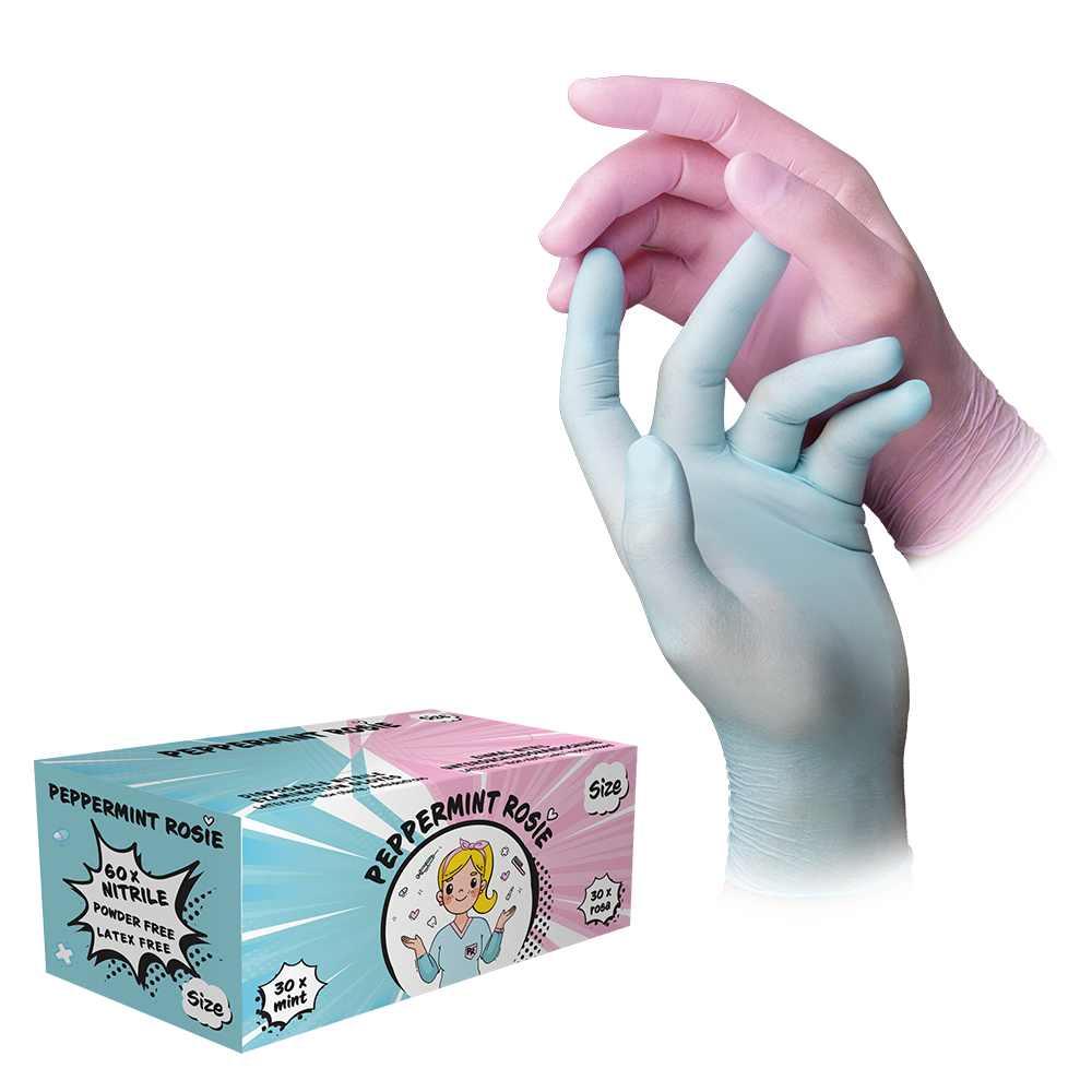 Nitrile gloves, color mix mint & pink, size M, powder-free, STYLE Peppermint Rosie: Buy nitrile disposable gloves as protective gloves and examination gloves made of nitrile.