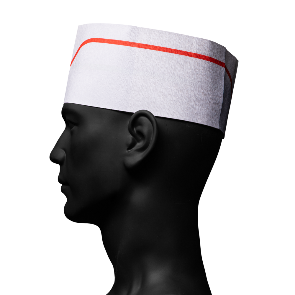 Paper boat with paper crown, colour white with red stripes