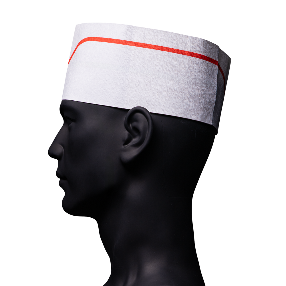 Paper boat with paper crown, colour white with red stripes