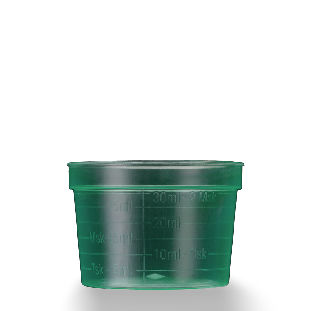 PP Medicine cup, colour green, wide, 30 ml, graduated: buy polypropylene medicine cups for taking medicines or for dosing liquids and distributing medicines as ward supplies.