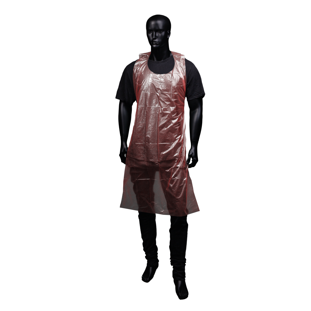 Disposable aprons, red, 80 x 125 cm, polyethylene, Med-Comfort: buy disposable apron for bandaging in hygienic dispenser box.
