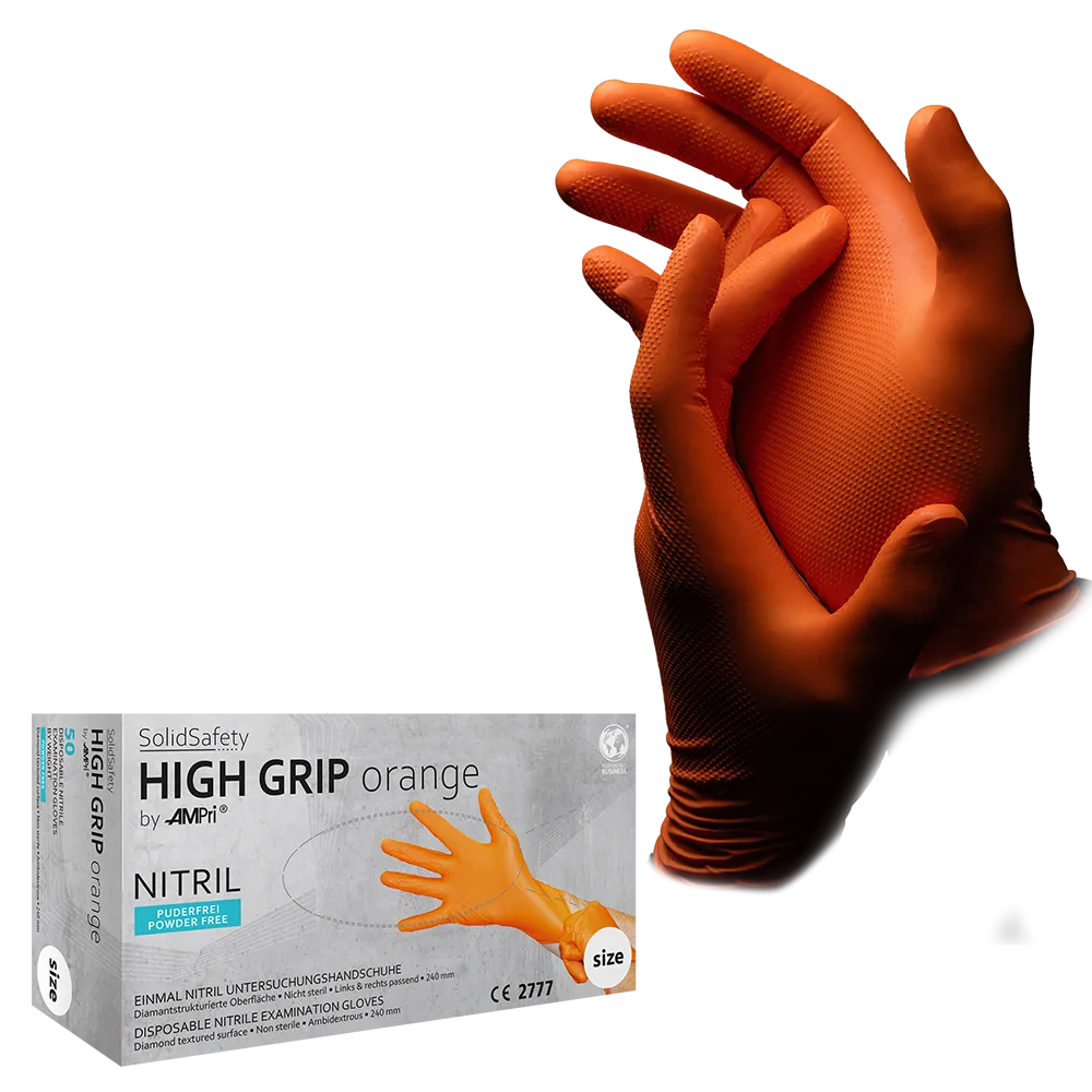 High Grip disposable nitrile glove, size L, orange, SolidSafety