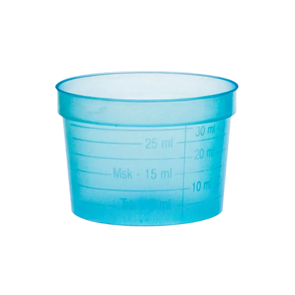 PP Medicine cup, colour blue, wide, 30 ml, graduated: buy polypropylene medicine cups for taking medicines or for dosing liquids and dispensing medicines as ward supplies.
