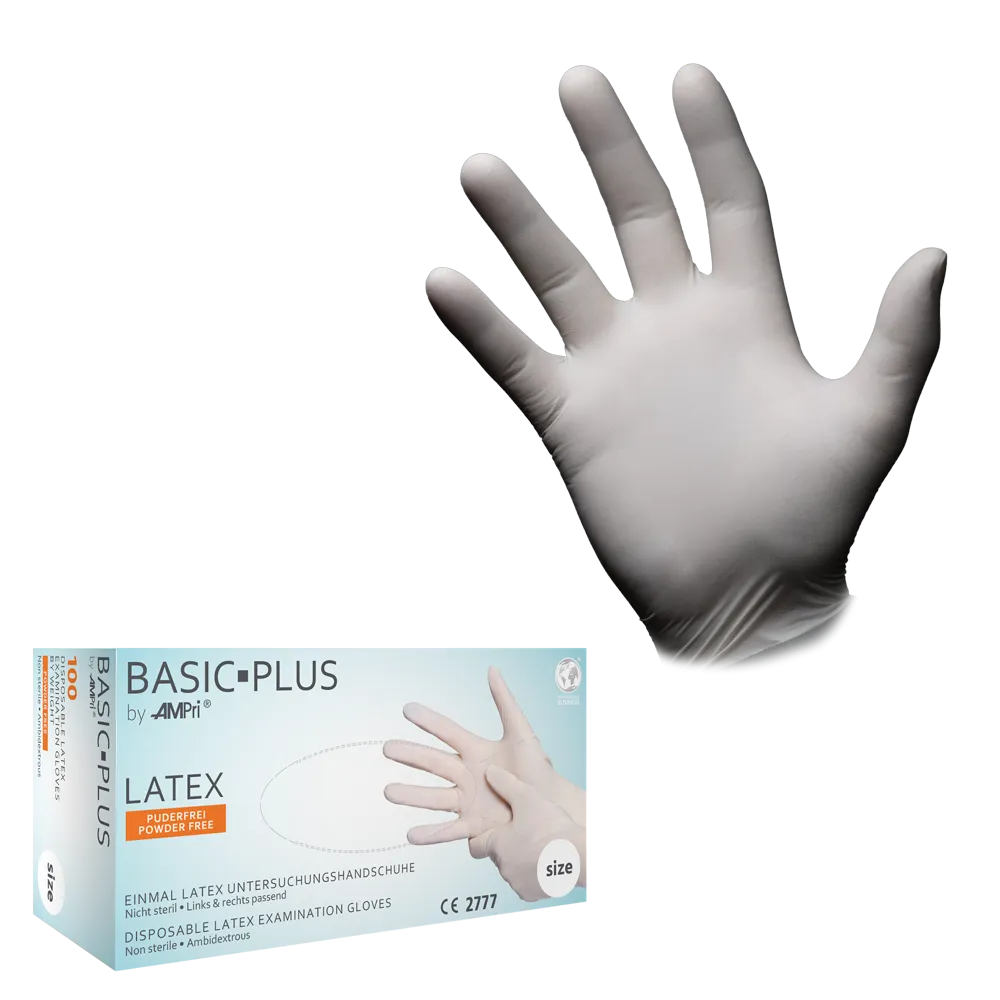 Latex gloves, white, size M, powderfree, Basic-Plus: buy latex disposable gloves as examination gloves & protective gloves.