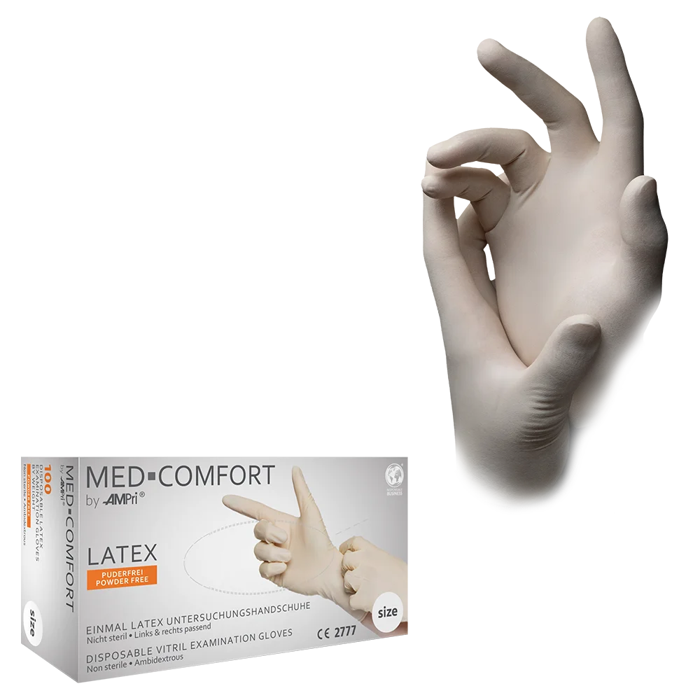 Latex gloves, white, size L, powderfree, Med-Comfort: buy latex disposable gloves for examination & protection.