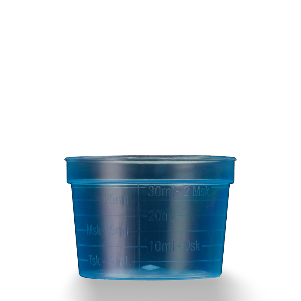 PP Medicine cup, colour blue, wide, 30 ml, graduated: buy polypropylene medicine cups for taking medicines or for dosing liquids and dispensing medicines as ward supplies.