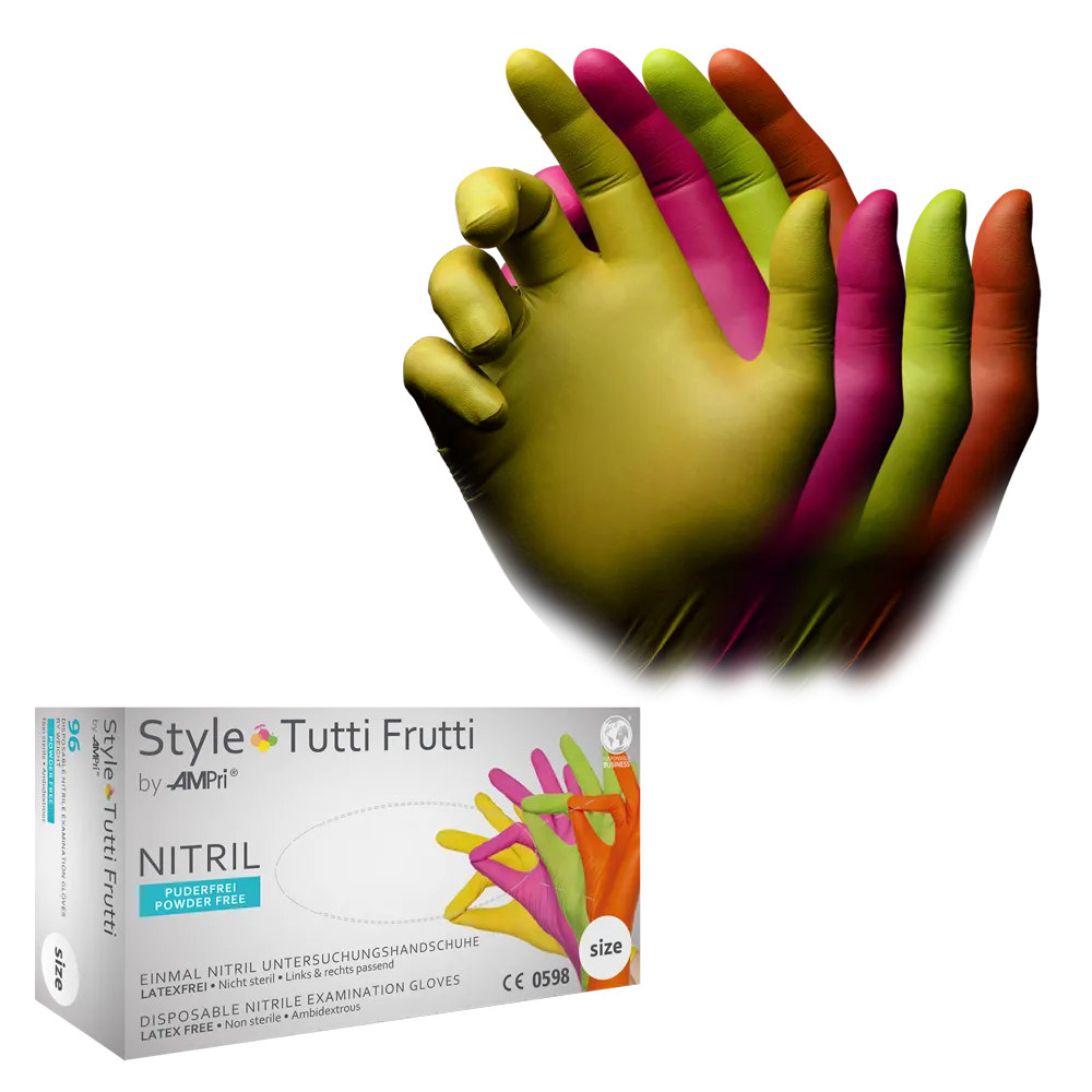 Nitrile gloves, multicoloured, size M, powderfree, style tutti frutti by Med-Comfort: buy nitrile disposable gloves as protective gloves and examination gloves made of nitrile.