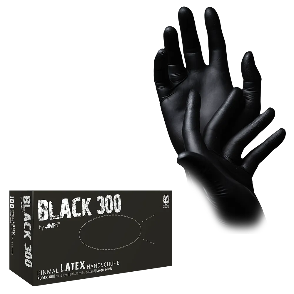 Latex gloves with overlength, black, size M, unpowdered, Black 300 Latex: buy latex disposable as examination gloves & protective gloves.