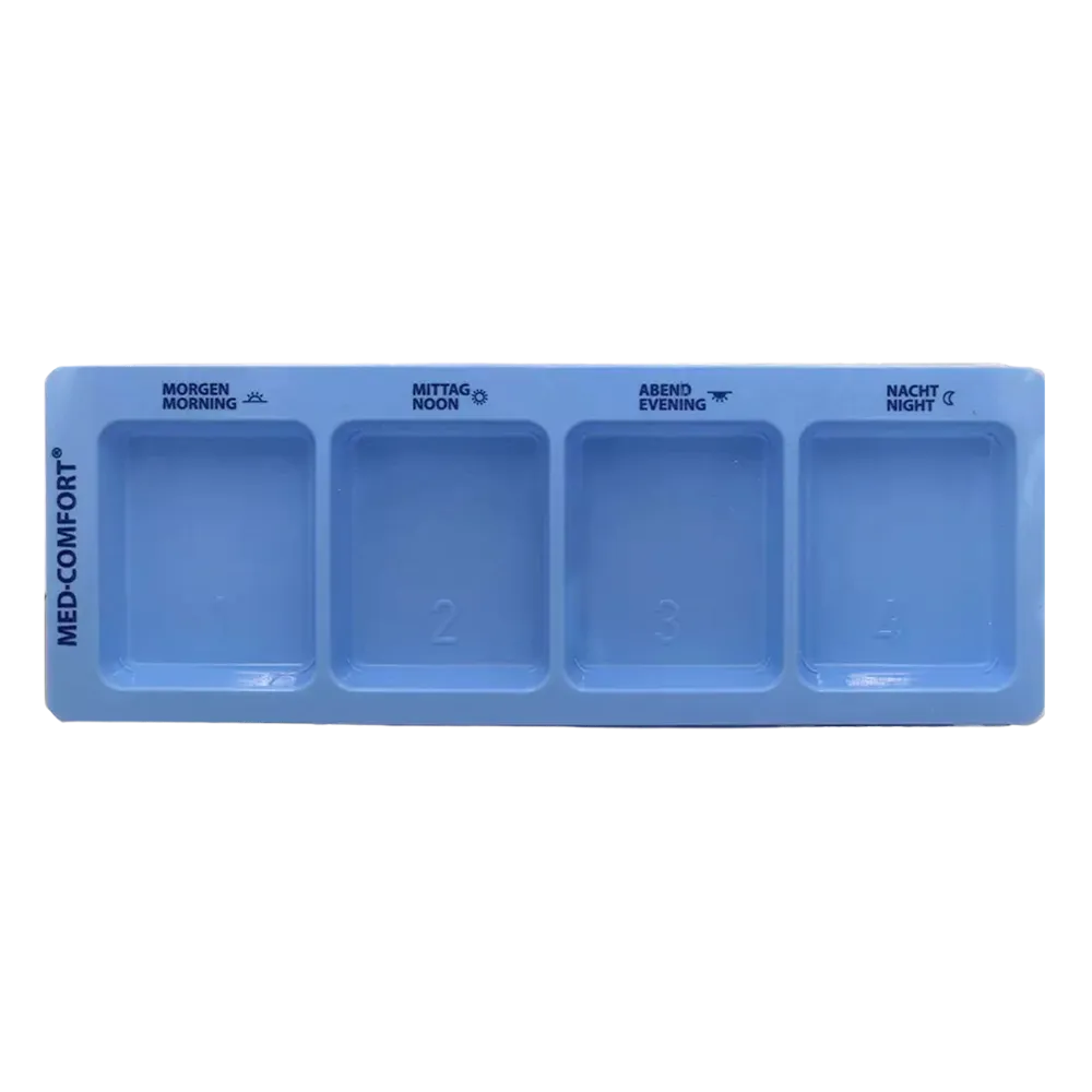 PP Disposable medicine dispenser, 4 compartments, 22 x 8 x 2 cm, blue, Med-Comfort