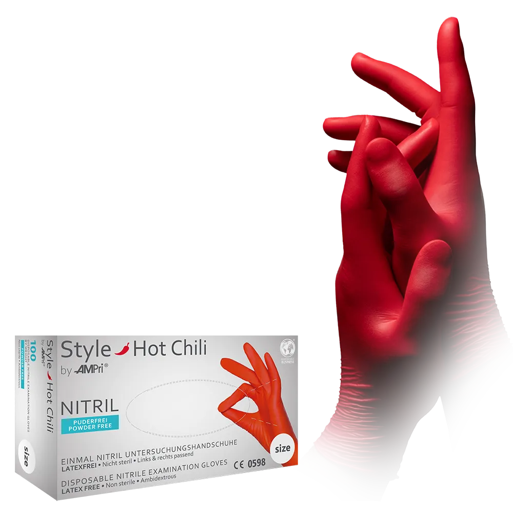 Nitrile gloves, red, size M, powderfree, style Hot Chili by Med-Comfort