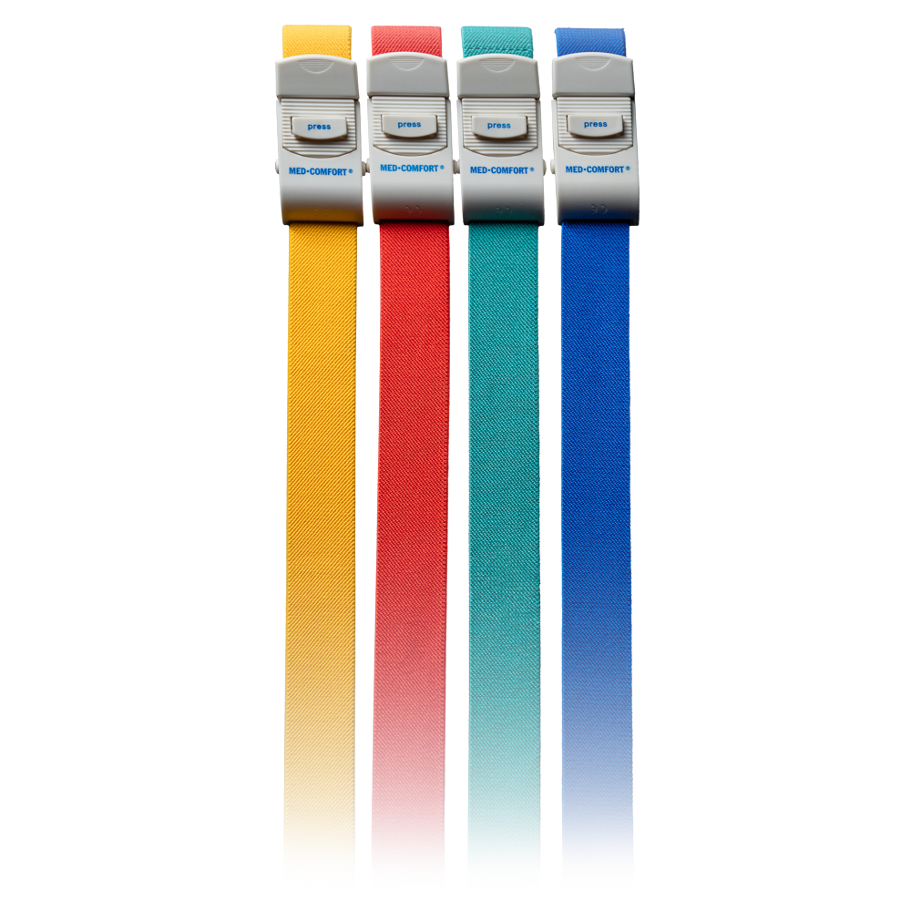 Vein tourniquet, colour blue, red, green, yellow, 2,5 x 45 cm, Med-Comfort: buy latex-free tourniquet made of plastic for better palpability of the blood vessels as a medical aid for patient use.