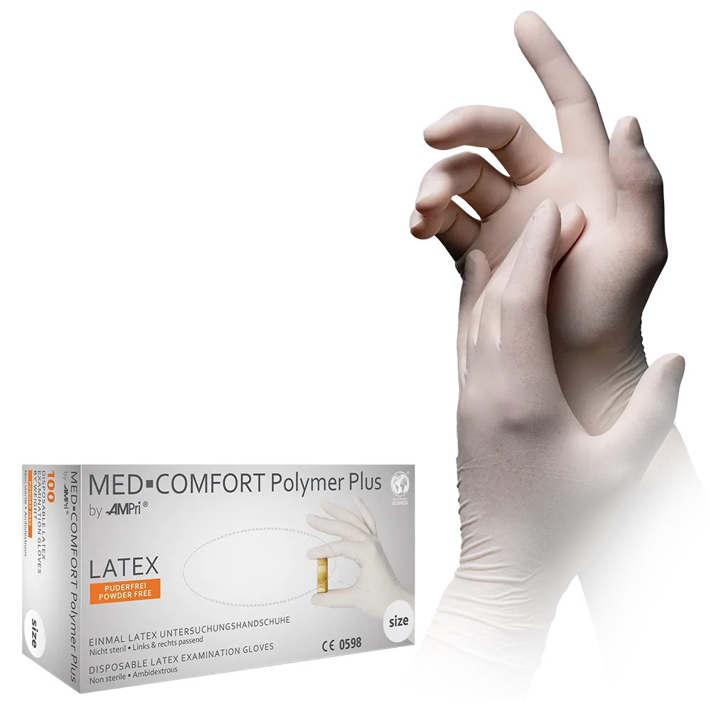 Latex gloves, light beige, size M, powderfree, Med-Comfort Polymer Plus: buy latex disposable gloves as examination gloves & protective gloves.