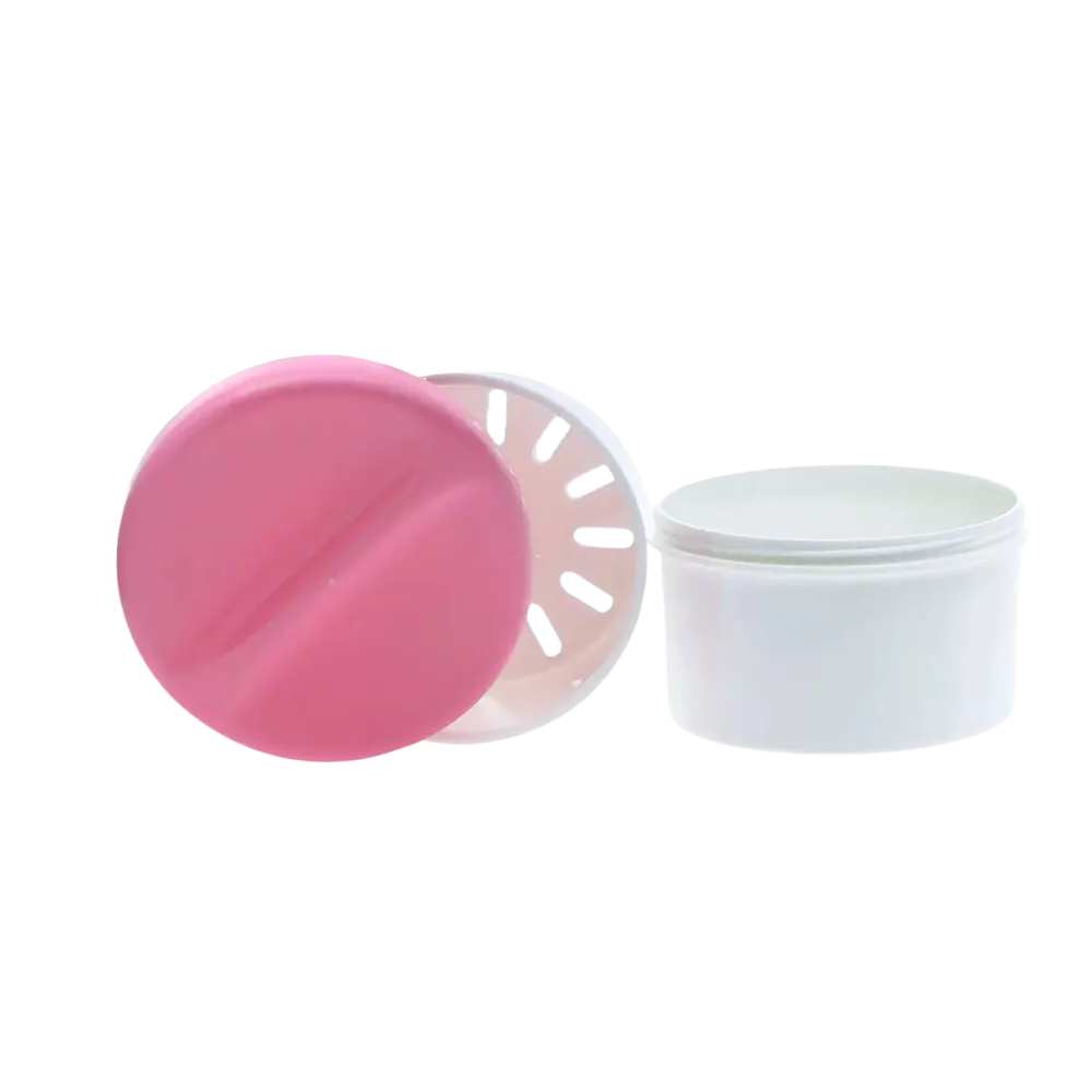 PP Disposable denture cup, white, pink, 250 ml capacity: buy cup with lid and insert made of polypropylene for dentures as dental supplies.