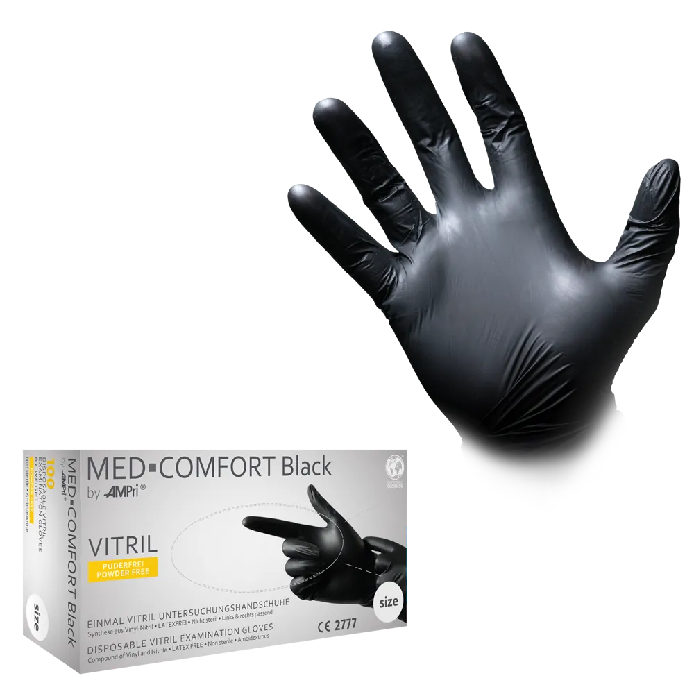 Vitrile gloves, black, size M, powderfree, Med-Comfort blue Vitrile: buy vitrile disposable gloves & protective gloves as PPE.