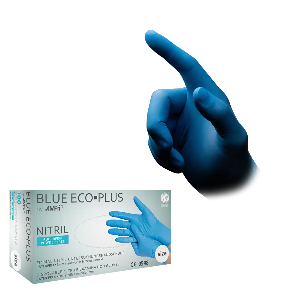 Nitrile gloves, blue, size M, powderfree, blue Eco-Plus: buy nitrile disposable gloves as protective gloves and examination gloves made of nitrile.