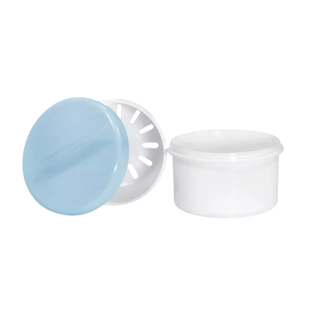 PP Disposable denture cups, white, blue, 250 ml capacity: buy cup with lid and insert made of polypropylene for dentures to as dental supplies.