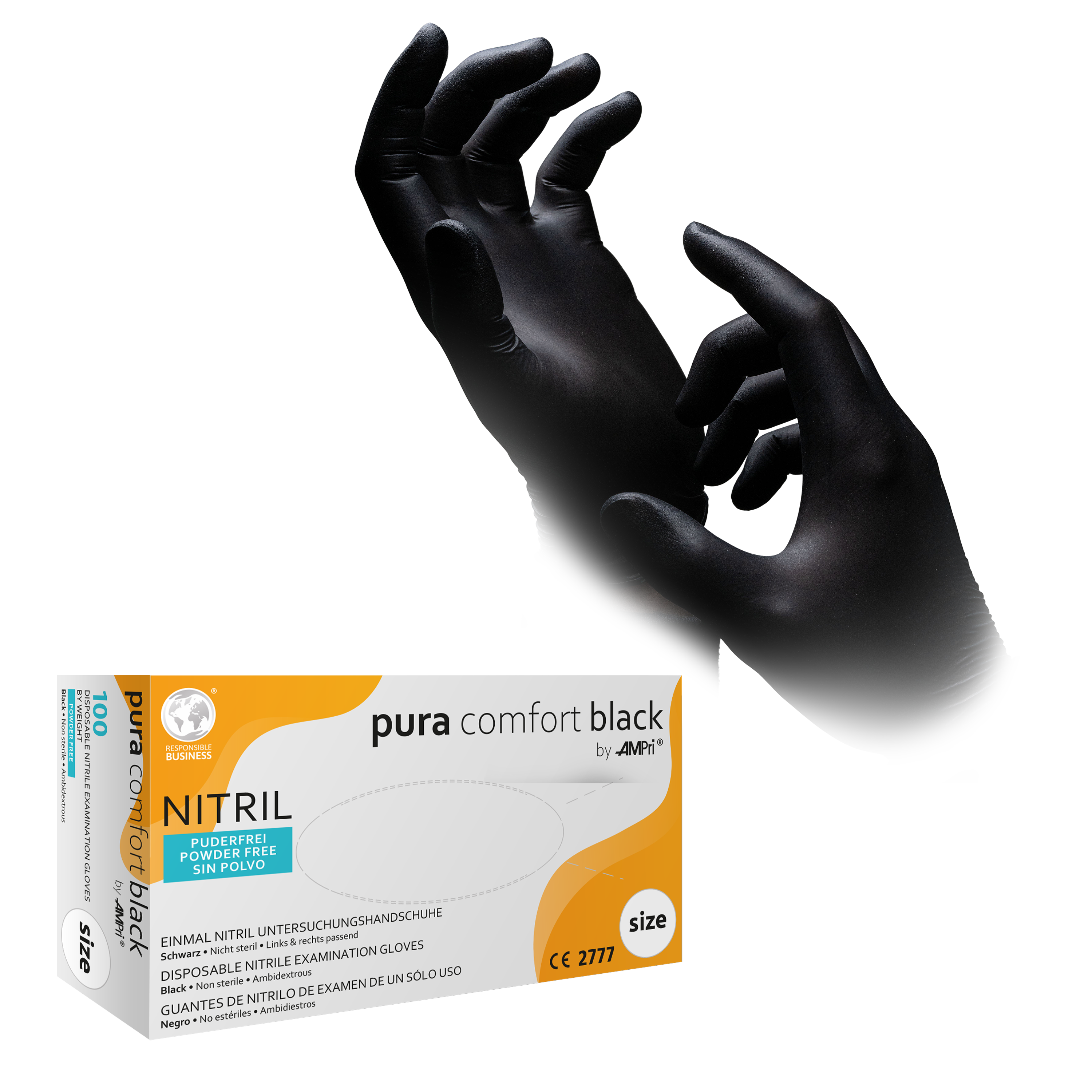 Nitrile gloves, black, size S, powderfree, Puracomfort black