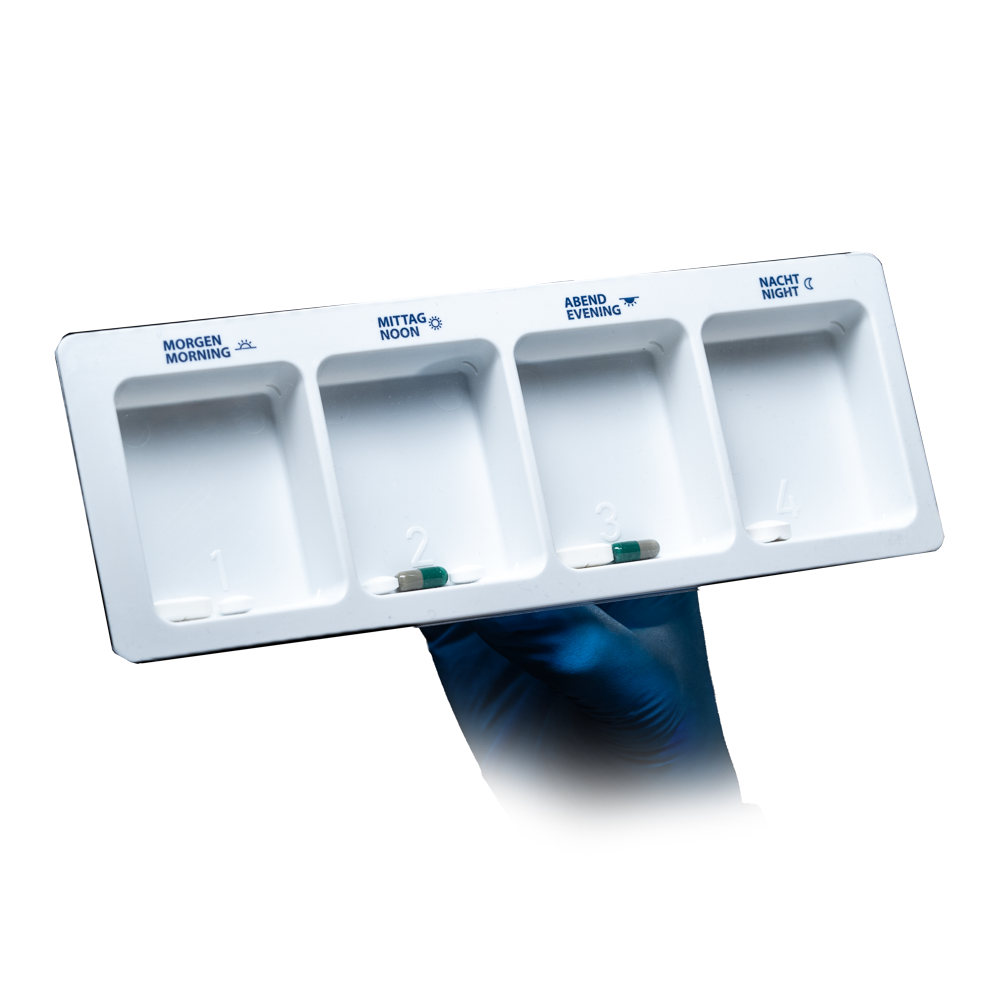 PP Disposable medicine dispenser, 4 compartments, 22 x 8 x 2 cm, white, Med-Comfort