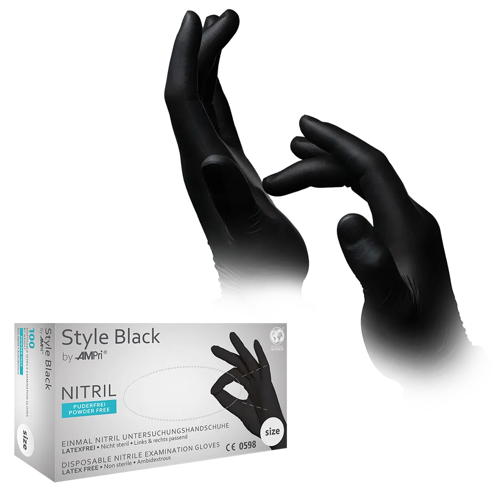 Nitrile gloves, black, size M, powderfree, style black by Med-Comfort: buy nitrile disposable gloves as protective gloves and examination gloves in coloured nitrile.