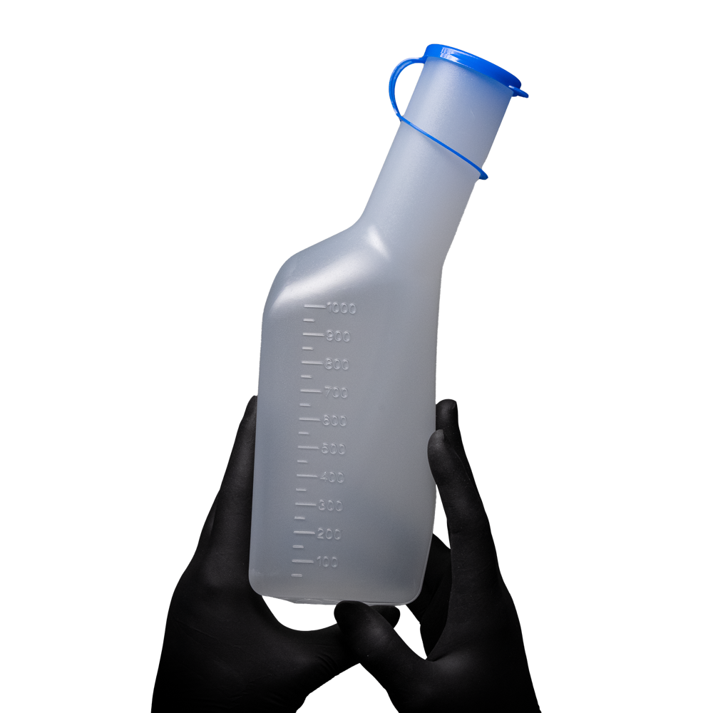 PP Urine bottle for men, square, colour white / milky with blue PP lid