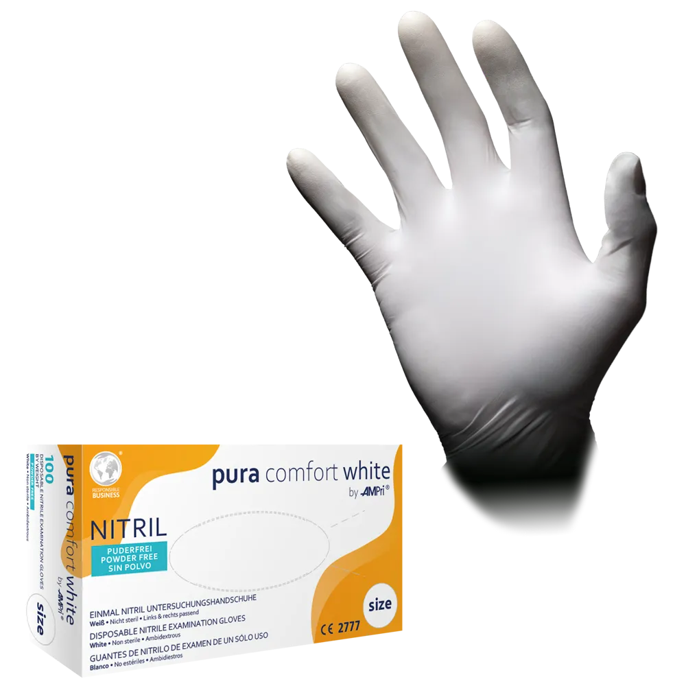 Nitrile gloves, white, size M, powderfree, Puracomfort white: buy nitrile disposable gloves as protective gloves and examination gloves made of nitrile.