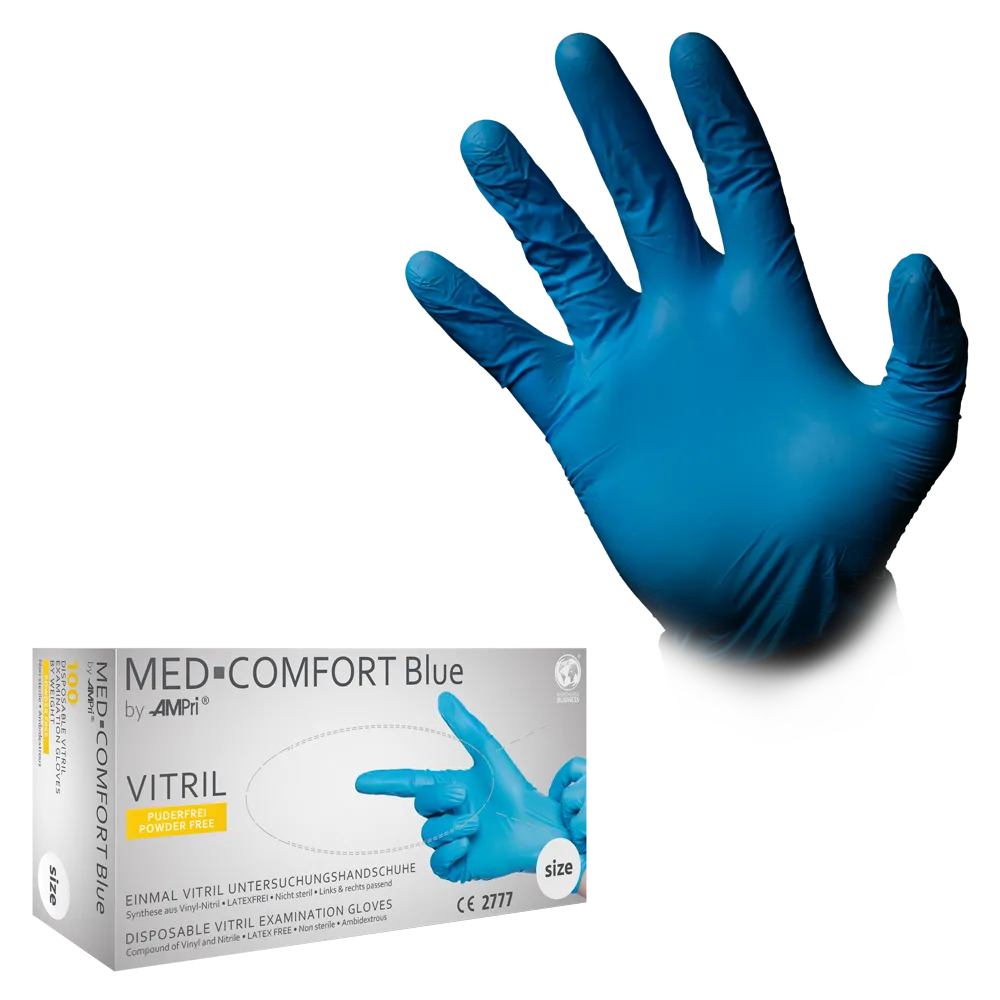 Vitrile gloves, blue, size M, powderfree, Med-Comfort blue Vitrile: buy vitrile disposable gloves & protective gloves to as PPE.