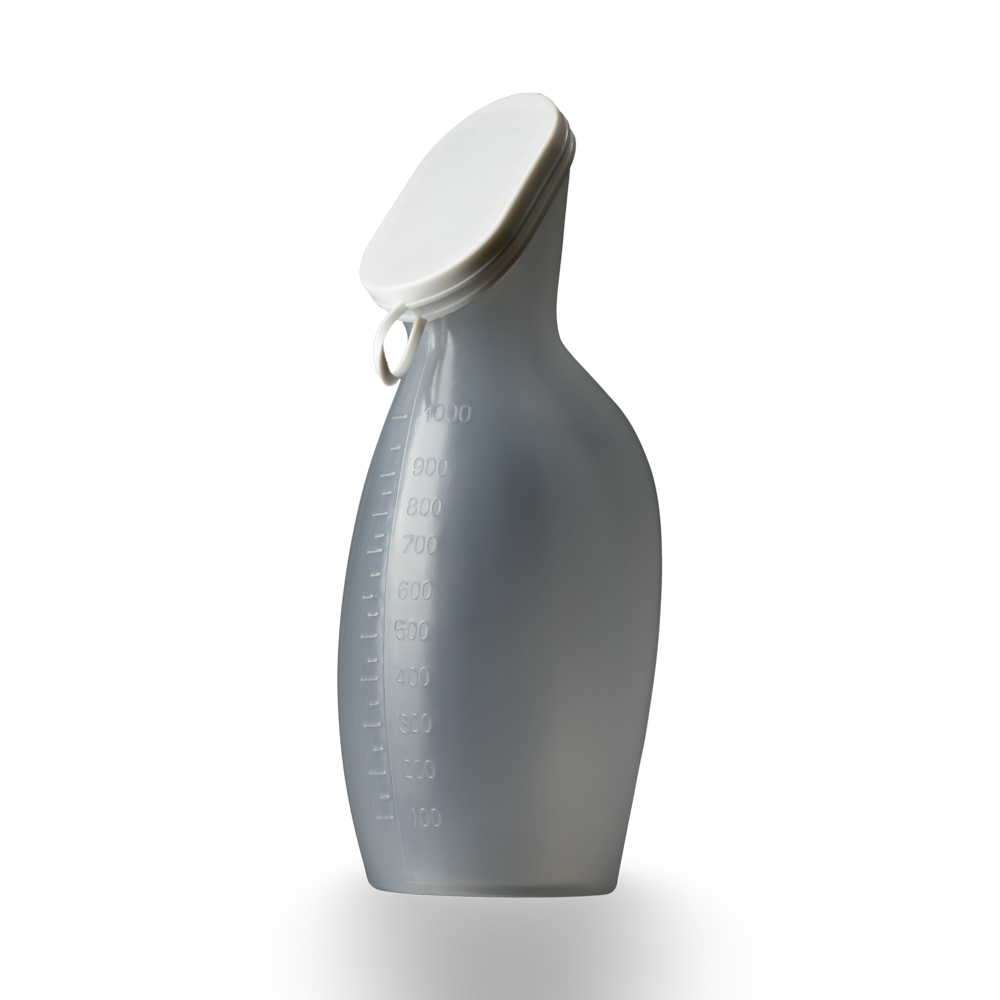 PP Urine bottle for women, 1 litre, colour translucent with white PE lid, Top-Comfort: buy disinfectable and heat-resistant urine bottle for women as ward and patient supplies.