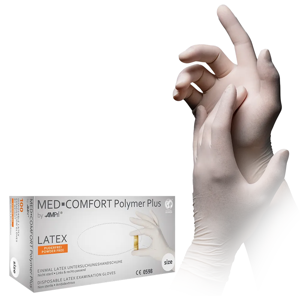 Latex gloves light beige size L powderfree Med Comfort Polymer Plus buy latex disposable gloves as examination gloves protective gloves. L 01034 L