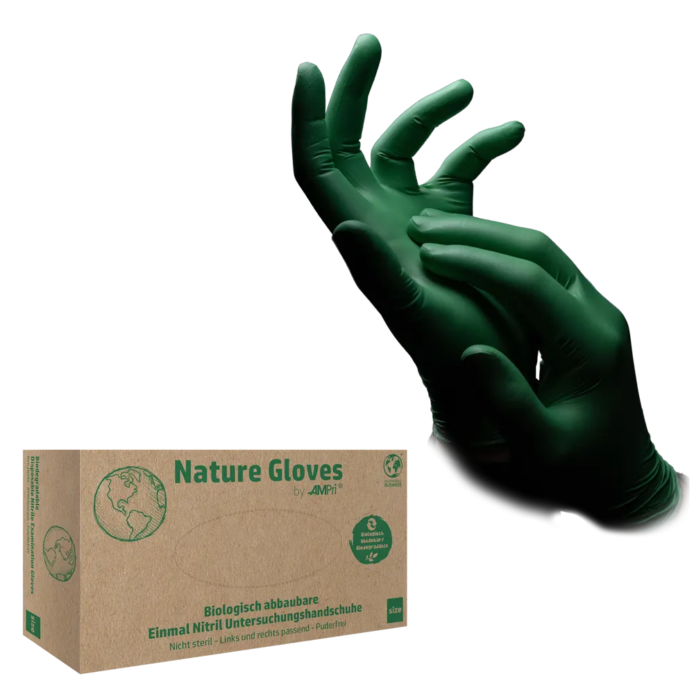 Nitrile gloves, green, size XS, powder free, Nature gloves by Med-Comfort: buy nitrile disposable gloves as protective gloves and nitrile examination gloves.